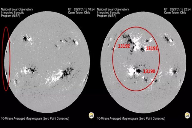 ۲ منطقه فعال خورشید رو به زمین چرخیده‌اند